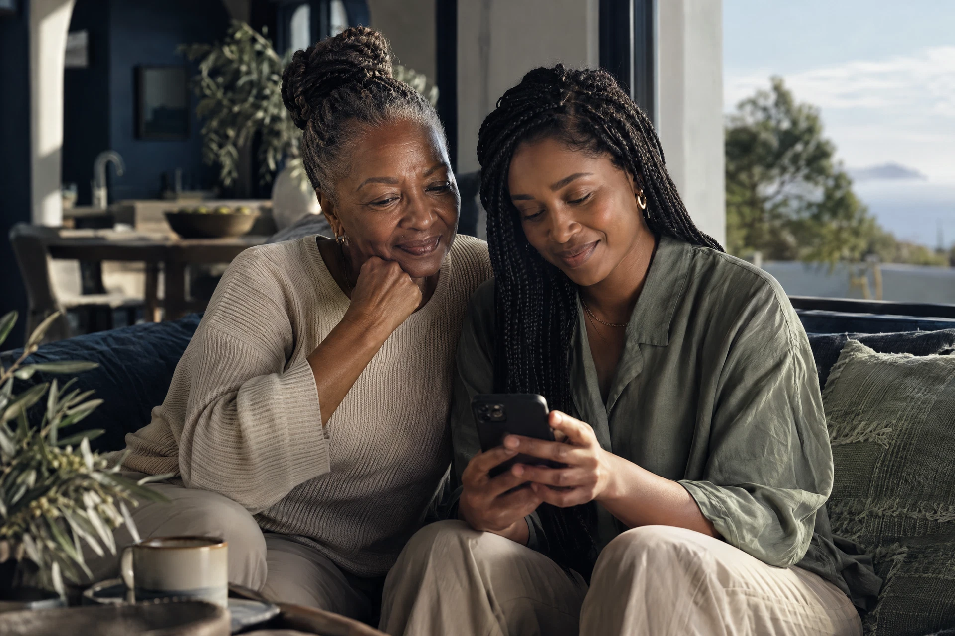 A mother and her adult daughter sharing a quiet moment with a phone at home; conceptual photography